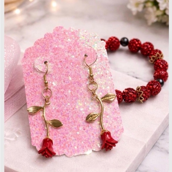no brand Jewelry - Elegant Red Rose Earrings with Gold Leaves